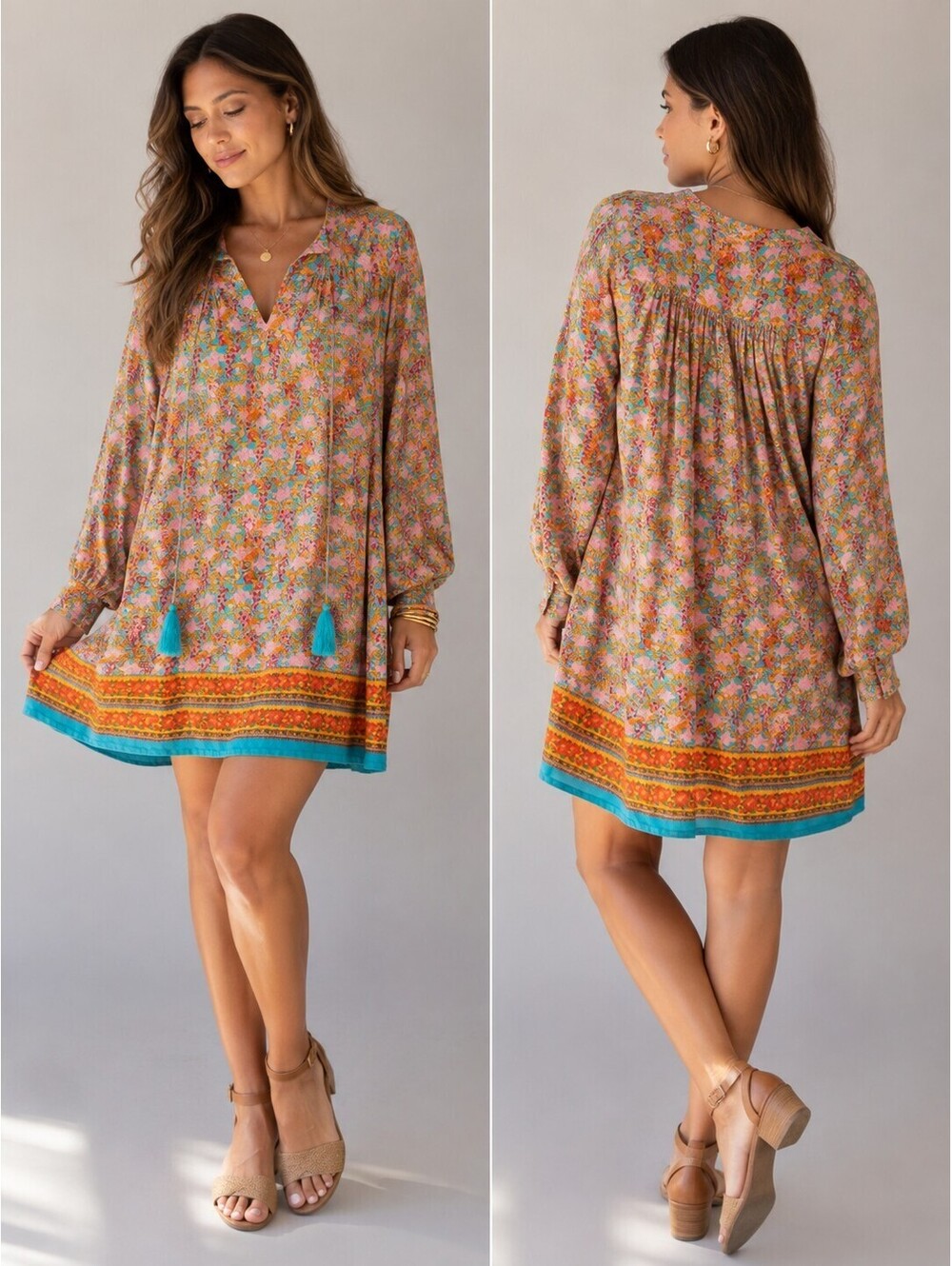 Natural Life Women’s Dara V-Neck Floral Mini Dress Tunic Size Med Boho Festival